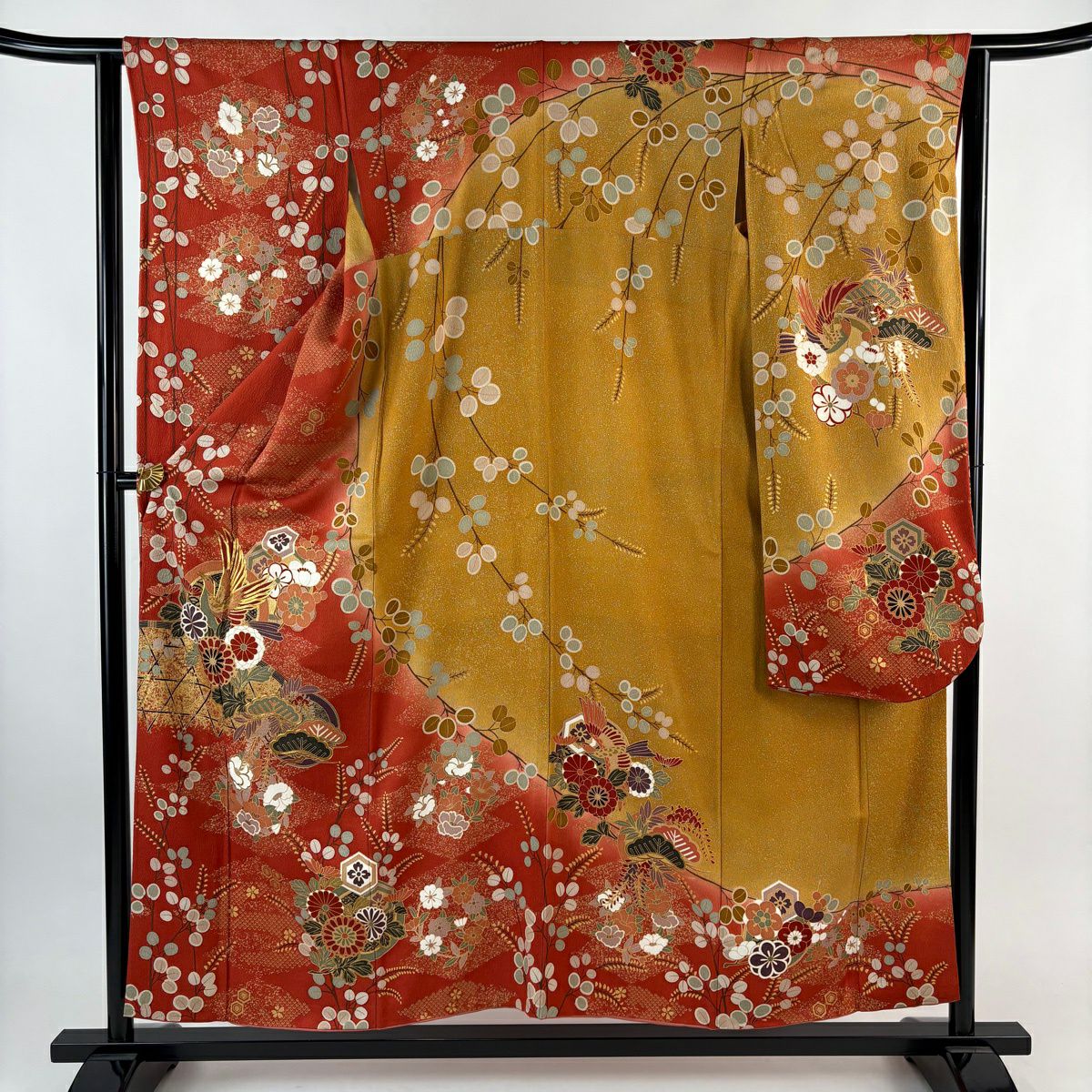 振袖禮服 身長156cm 袖長63.5cm S 雙層 花丸紋 鳥 金絲 金銀彩 茜 純蠶絲 秀品級