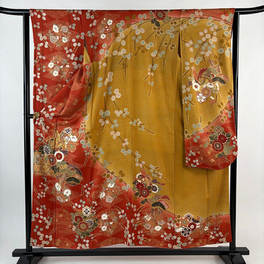 振袖禮服 身長156cm 袖長63.5cm S 雙層 花丸紋 鳥 金絲 金銀彩 茜 純蠶絲 秀品級