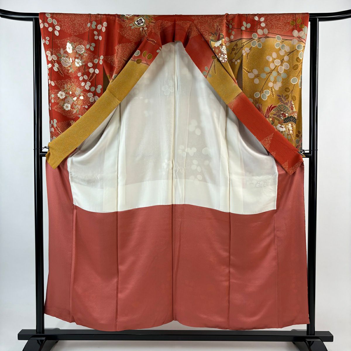 振袖禮服 身長156cm 袖長63.5cm S 雙層 花丸紋 鳥 金絲 金銀彩 茜 純蠶絲 秀品級