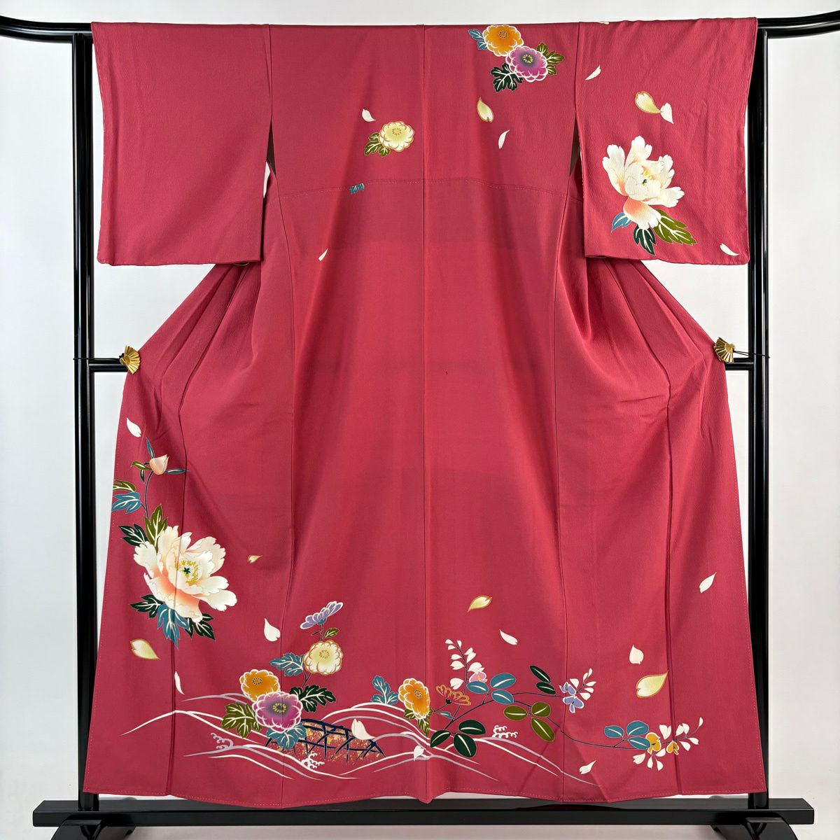 【美品】訪問服 身長155.5cm 袖長63.5cm S 雙層 牡丹 波 金銀彩 金金箔 濃粉紅 純蠶絲 秀品級