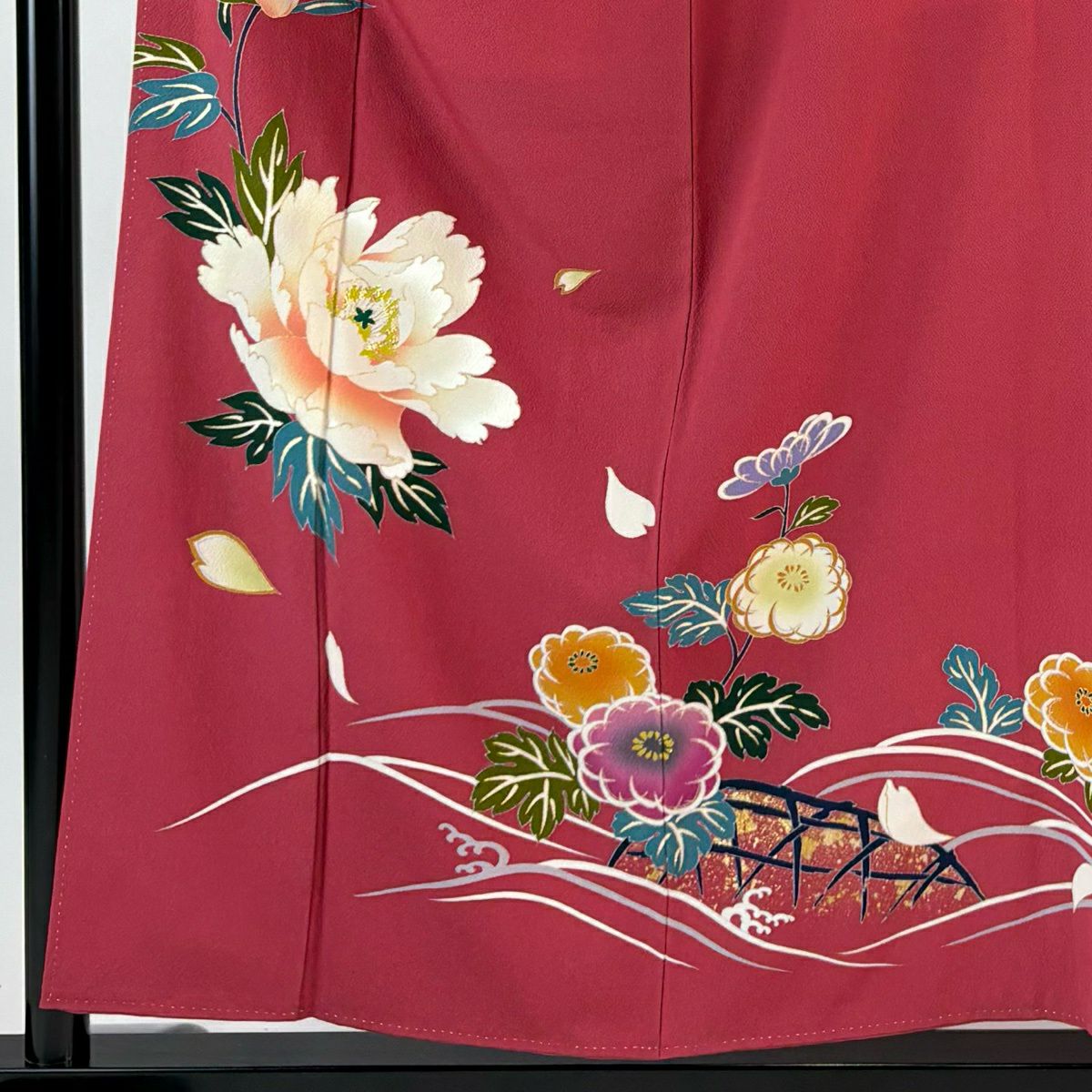 【美品】訪問服 身長155.5cm 袖長63.5cm S 雙層 牡丹 波 金銀彩 金金箔 濃粉紅 純蠶絲 秀品級
