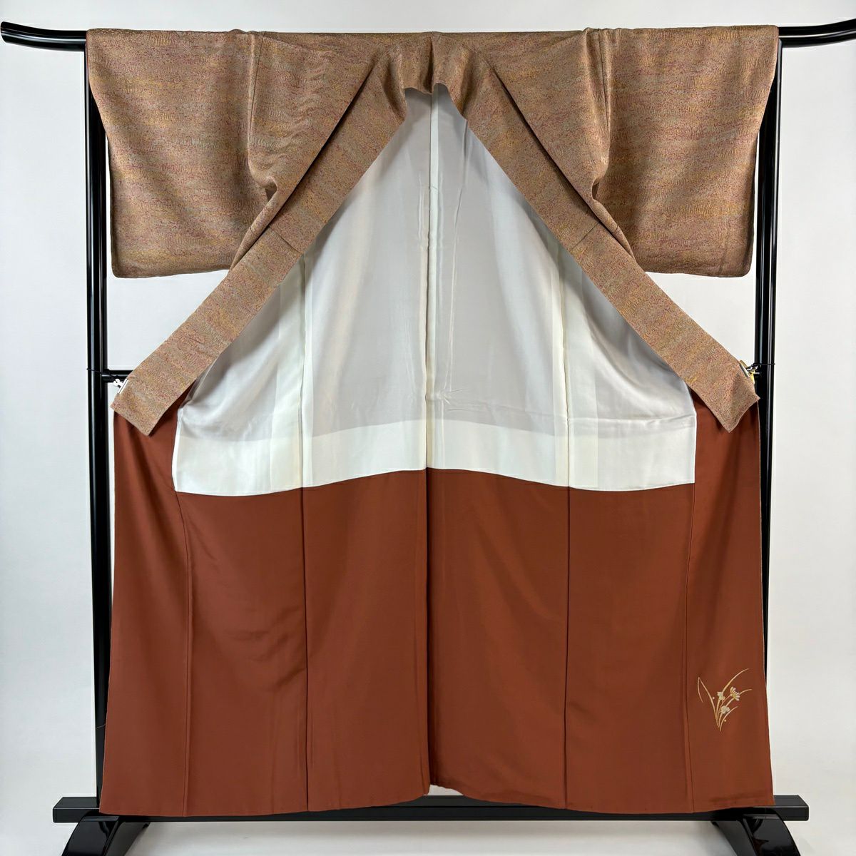 【美品】 小紋 身長158cm 袖長66.5cm M 雙層 陶彩染 薄茶 純蠶絲 秀品級