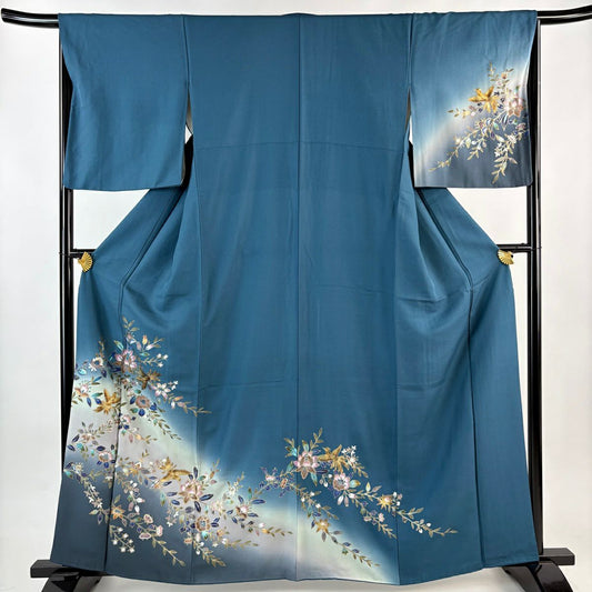 訪問服 身長161cm 袖長66cm M 雙層 草花紋紋 鳥 金銀彩 漸層 深藍 純蠶絲 秀品級
