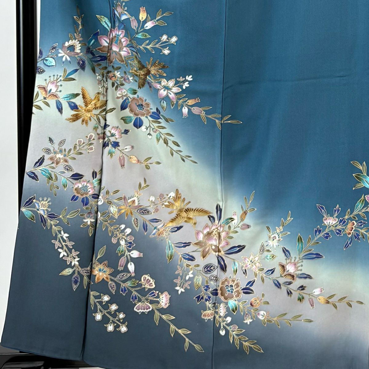 訪問服 身長161cm 袖長66cm M 雙層 草花紋紋 鳥 金銀彩 漸層 深藍 純蠶絲 秀品級