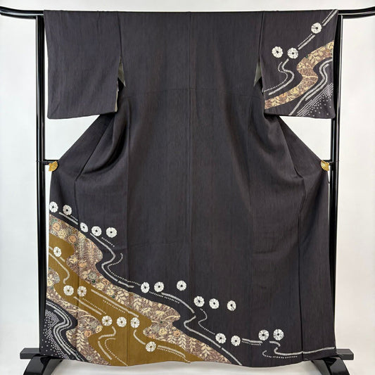 【美品】訪問服 身長162cm 袖長63.5cm S 雙層 辻花染圖案 竹子墨色 純蠶絲 秀品級