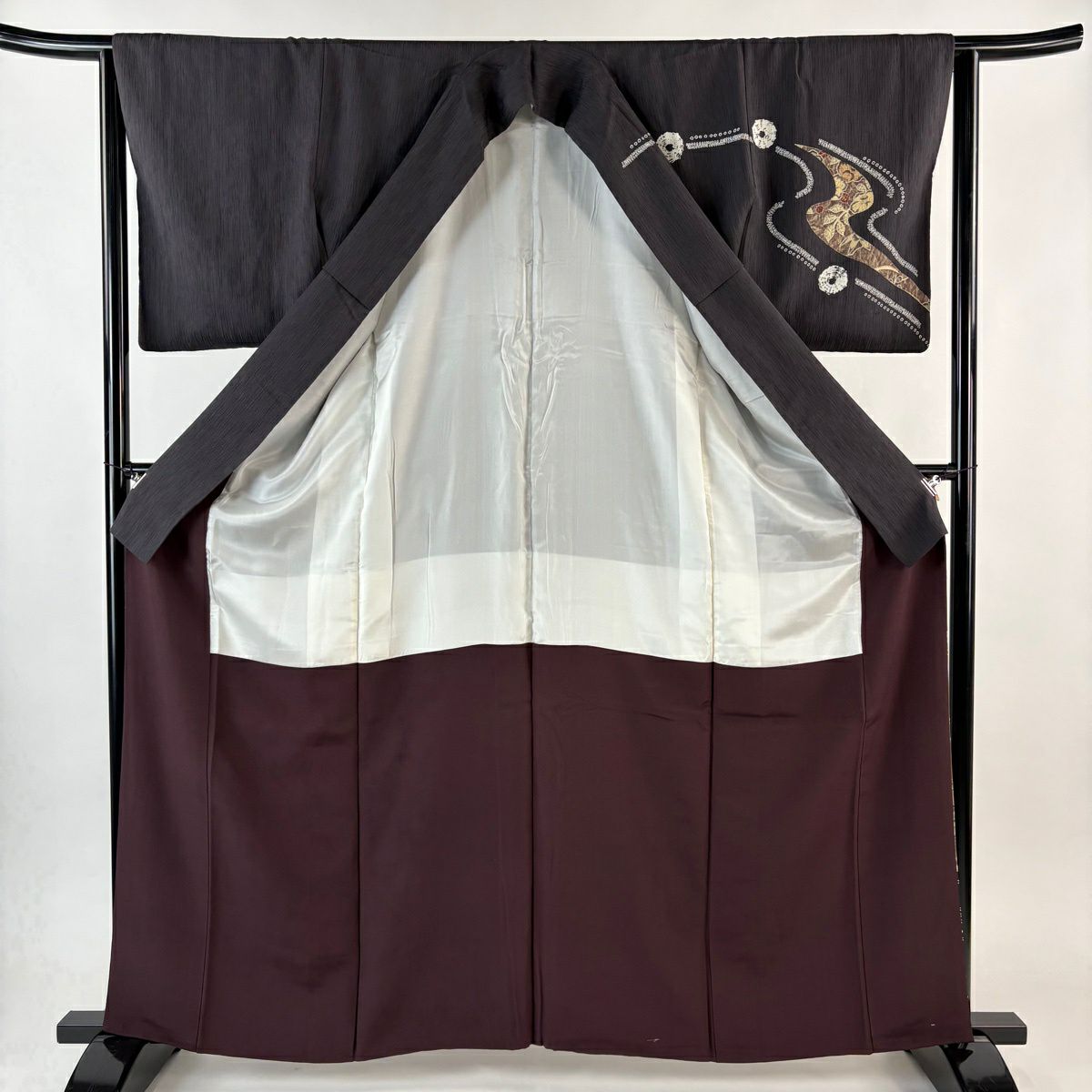 【美品】訪問服 身長162cm 袖長63.5cm S 雙層 辻花染圖案 竹子墨色 純蠶絲 秀品級