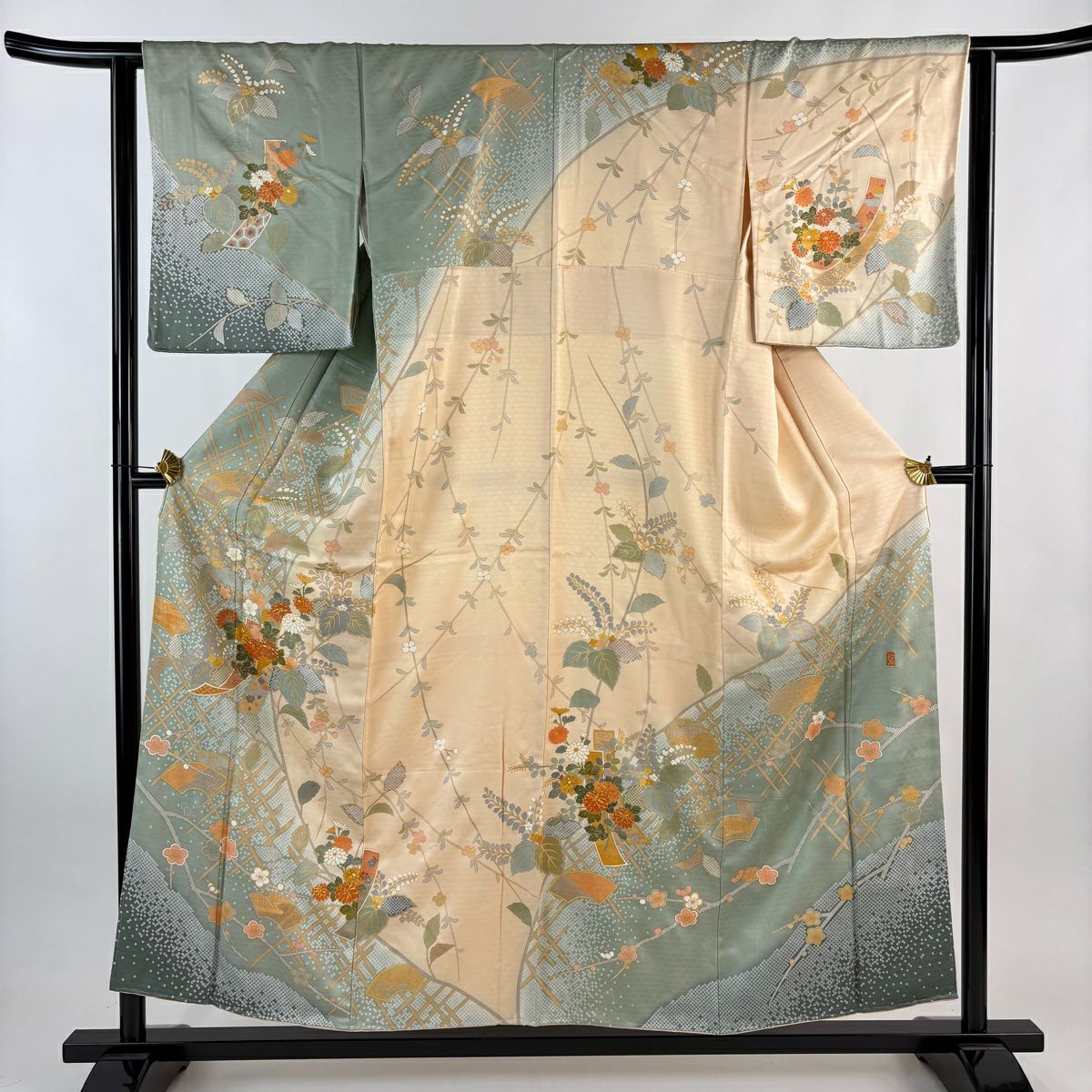 訪問服 身長155cm 袖長63cm S 雙層 落款あり 菊花 短冊 金絲 金銀彩 灰綠 純蠶絲 秀品級