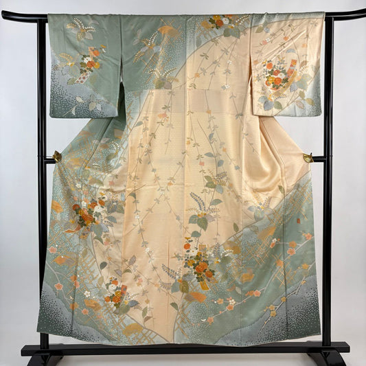 訪問服 身長155cm 袖長63cm S 雙層 落款あり 菊花 短冊 金絲 金銀彩 灰綠 純蠶絲 秀品級