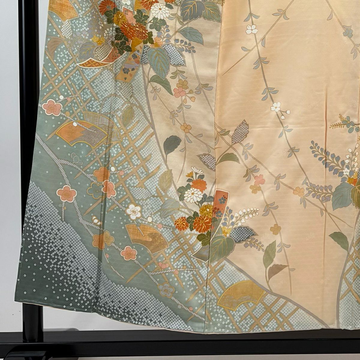 訪問服 身長155cm 袖長63cm S 雙層 落款あり 菊花 短冊 金絲 金銀彩 灰綠 純蠶絲 秀品級