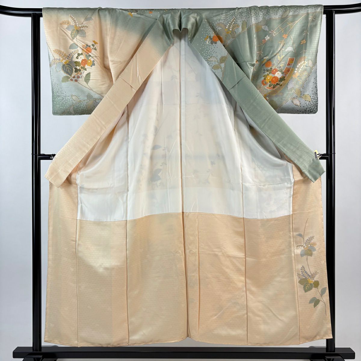 訪問服 身長155cm 袖長63cm S 雙層 落款あり 菊花 短冊 金絲 金銀彩 灰綠 純蠶絲 秀品級