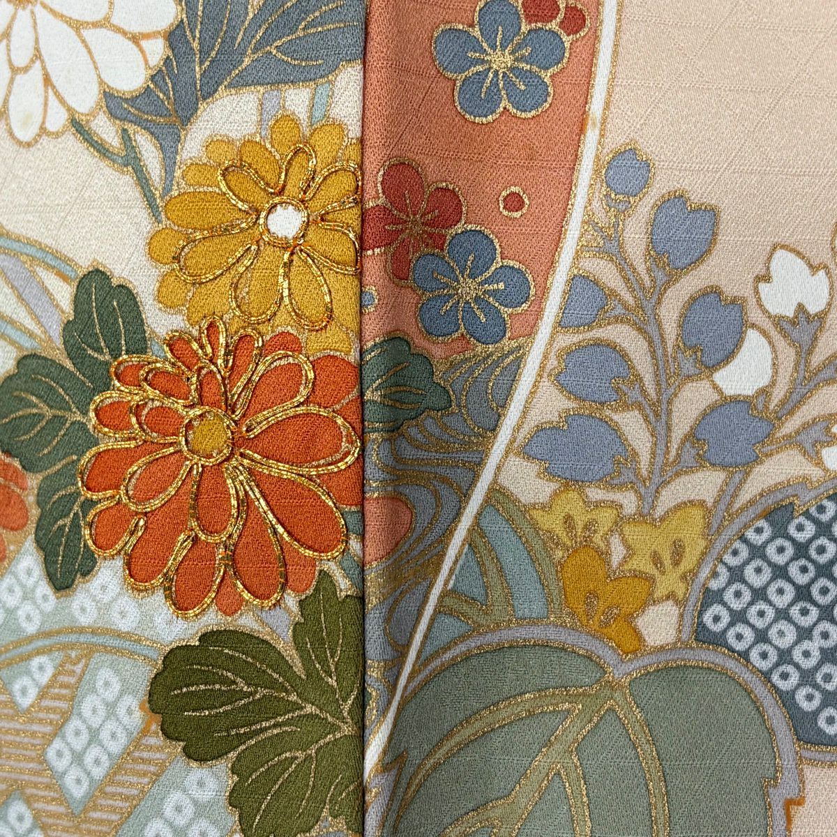 訪問服 身長155cm 袖長63cm S 雙層 落款あり 菊花 短冊 金絲 金銀彩 灰綠 純蠶絲 秀品級