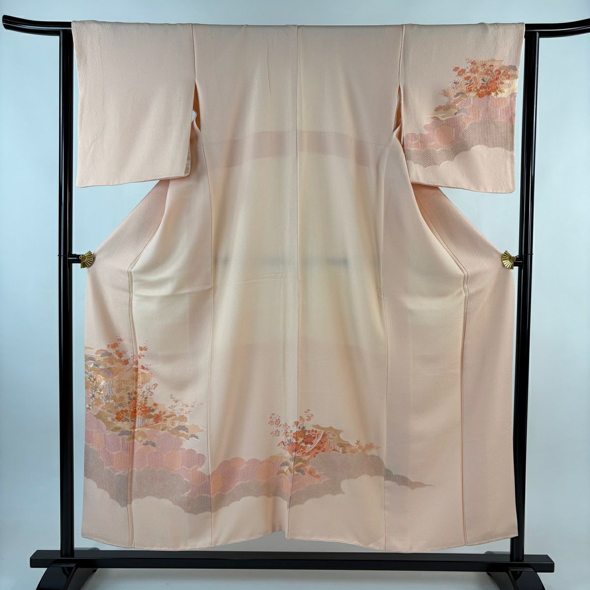 【美品】 付下 身長152.5cm 袖長64cm M 雙層 蘇州刺繡 建築 松樹梅花刺繡 淺粉色 純蠶絲 秀品級