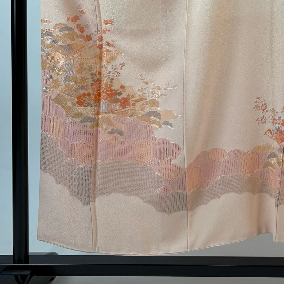 【美品】 付下 身長152.5cm 袖長64cm M 雙層 蘇州刺繡 建築 松樹梅花刺繡 淺粉色 純蠶絲 秀品級