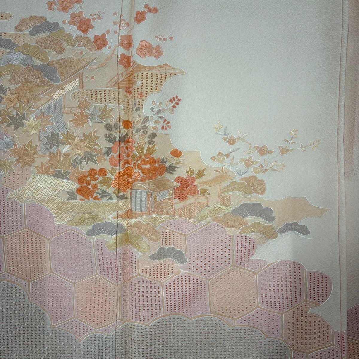 【美品】 付下 身長152.5cm 袖長64cm M 雙層 蘇州刺繡 建築 松樹梅花刺繡 淺粉色 純蠶絲 秀品級