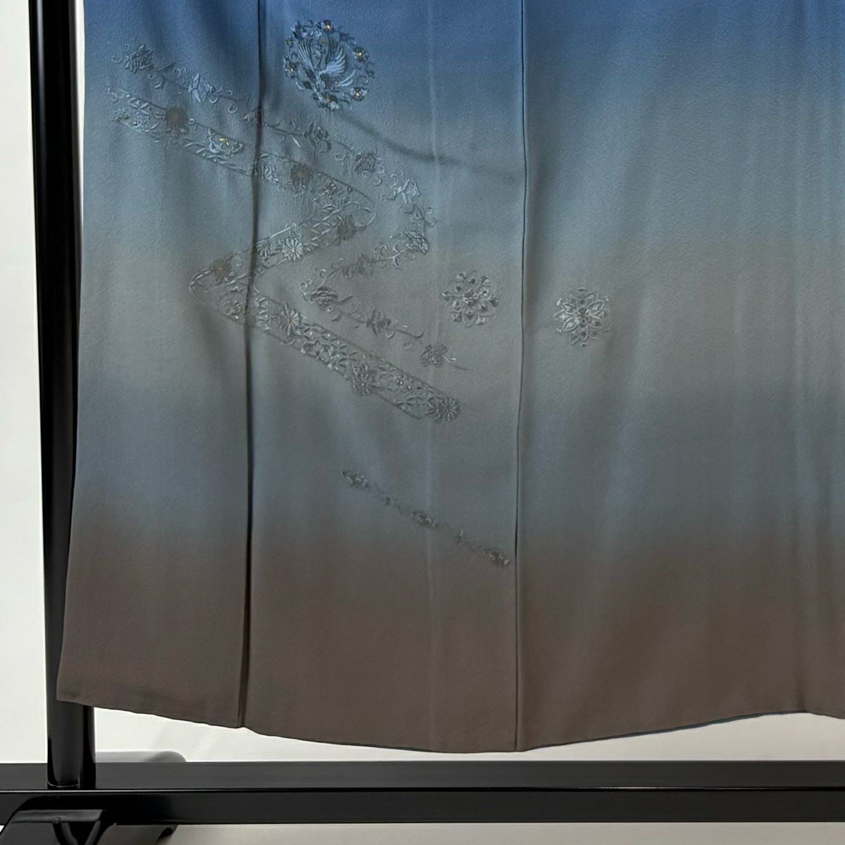 付下 身長152.5cm 袖長62cm S 雙層 鳥 草花紋 金糸 刺繡 藍色 純蠶絲 秀品級