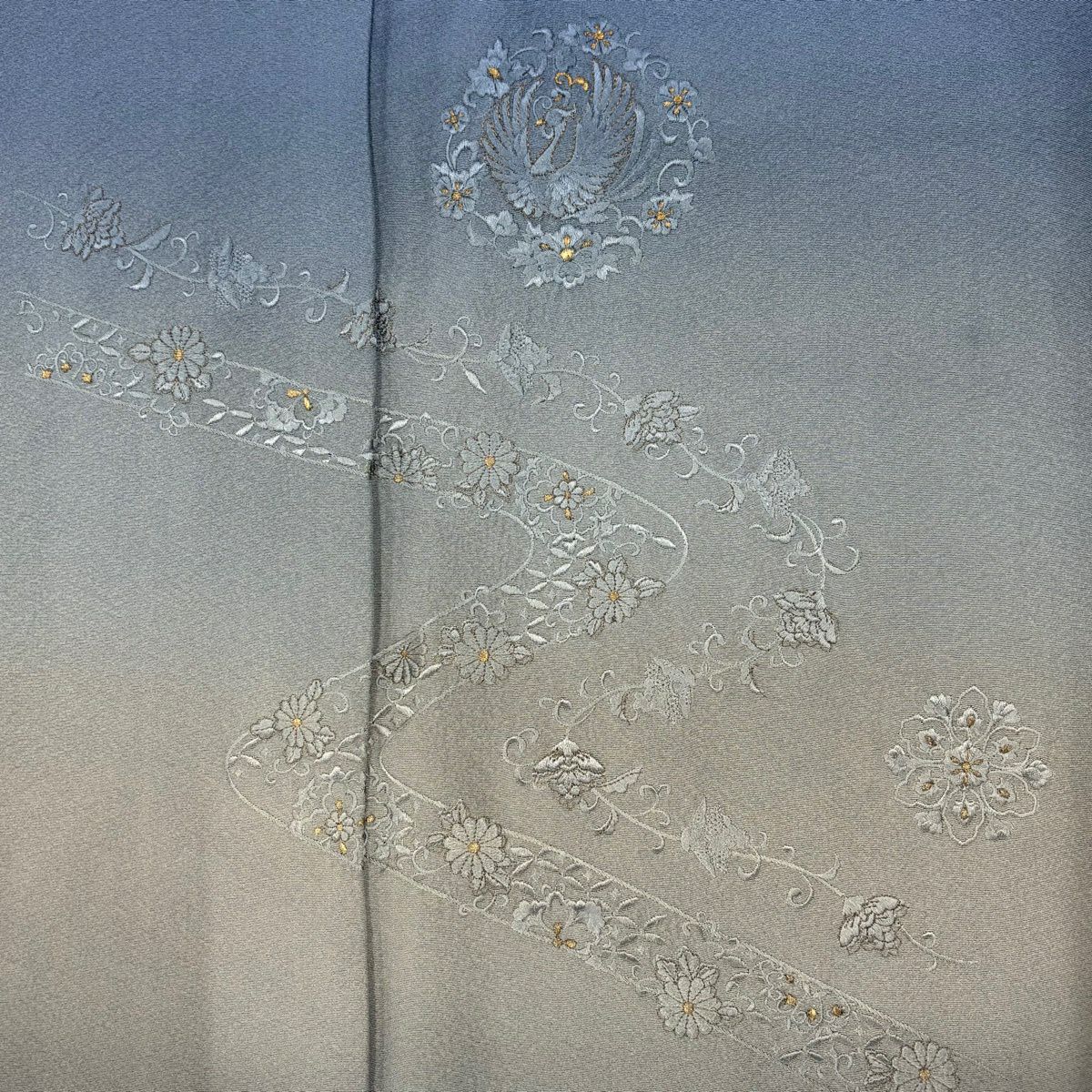 付下 身長152.5cm 袖長62cm S 雙層 鳥 草花紋 金糸 刺繡 藍色 純蠶絲 秀品級
