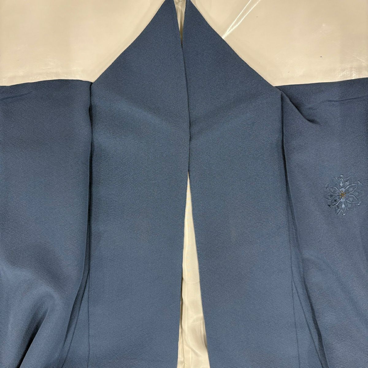 付下 身長152.5cm 袖長62cm S 雙層 鳥 草花紋 金糸 刺繡 藍色 純蠶絲 秀品級