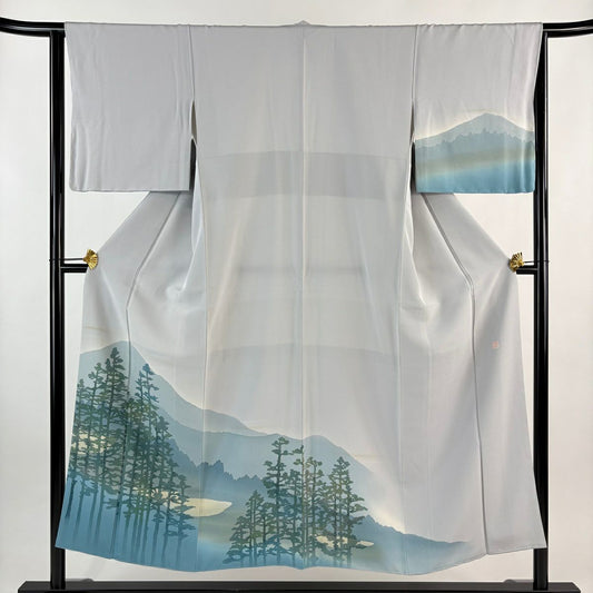 【美品】 付下 身長151cm 袖長64cm M 雙層 落款あり 樹木 山並 ぼかし 灰色 純蠶絲 秀品級