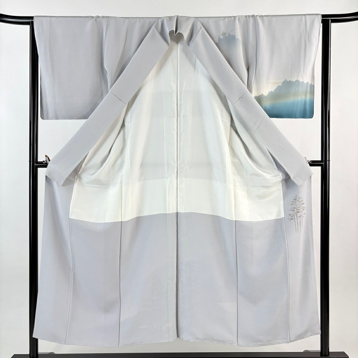 【美品】 付下 身長151cm 袖長64cm M 雙層 落款あり 樹木 山並 ぼかし 灰色 純蠶絲 秀品級