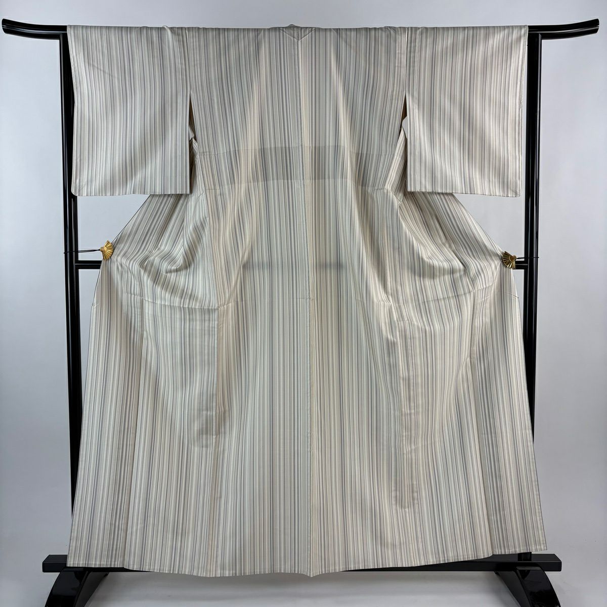 【美品】 紬織 身長160cm 袖長63.5cm S 單層 垂直條紋 米色 純蠶絲 優品級