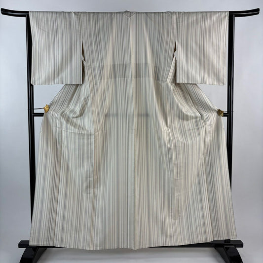 【美品】 紬織 身長160cm 袖長63.5cm S 單層 垂直條紋 米色 純蠶絲 優品級