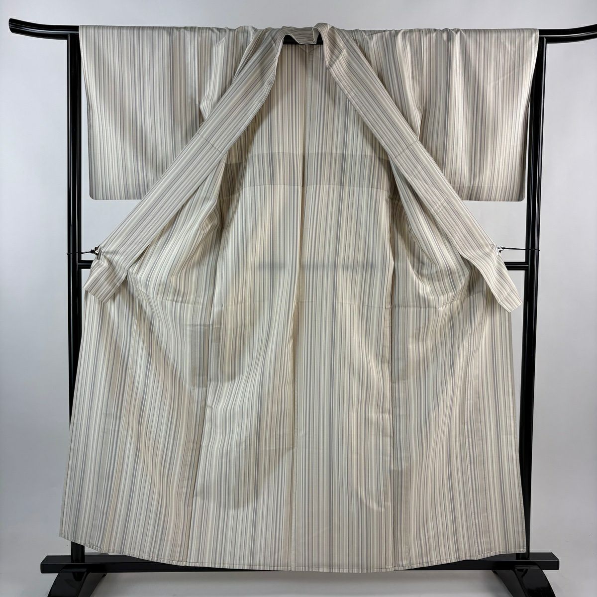 【美品】 紬織 身長160cm 袖長63.5cm S 單層 垂直條紋 米色 純蠶絲 優品級