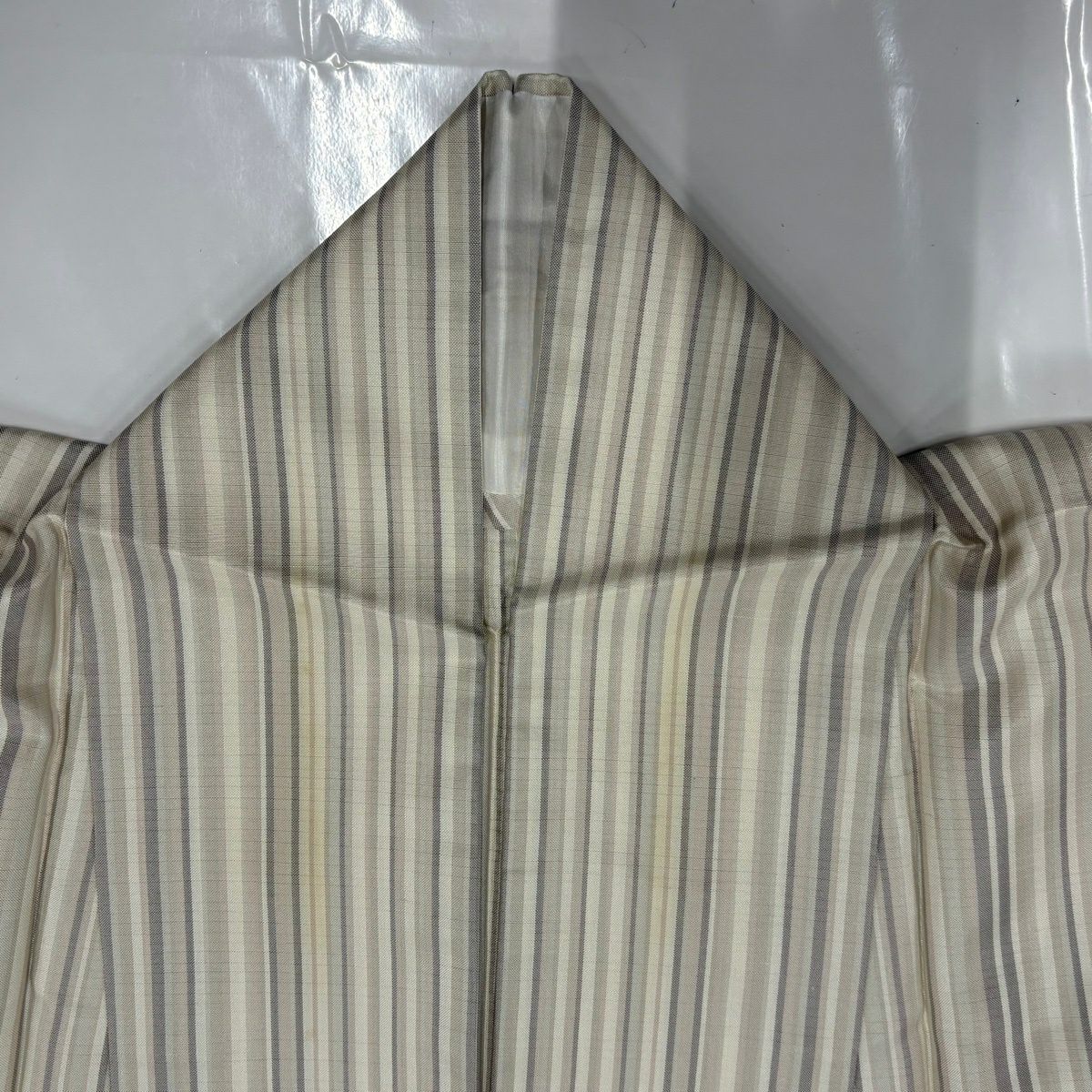 【美品】 紬織 身長160cm 袖長63.5cm S 單層 垂直條紋 米色 純蠶絲 優品級
