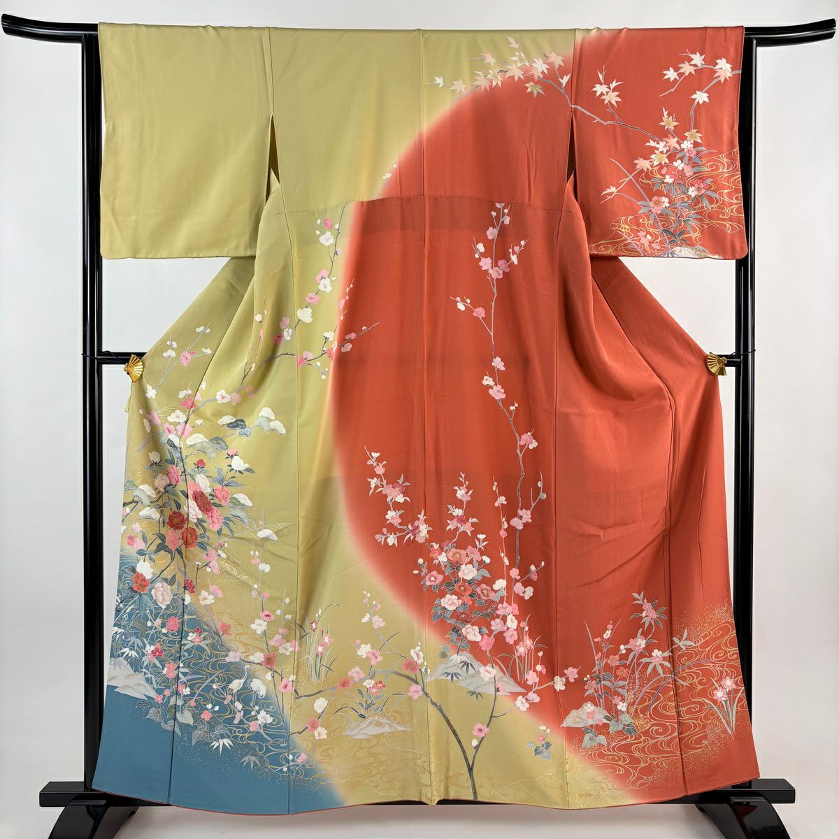訪問服 身長160cm 袖長64cm M 雙層 草花紋紋 流水 金銀彩 染分 薄茶 純蠶絲 秀品級
