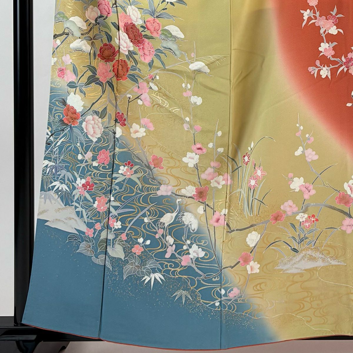 訪問服 身長160cm 袖長64cm M 雙層 草花紋紋 流水 金銀彩 染分 薄茶 純蠶絲 秀品級