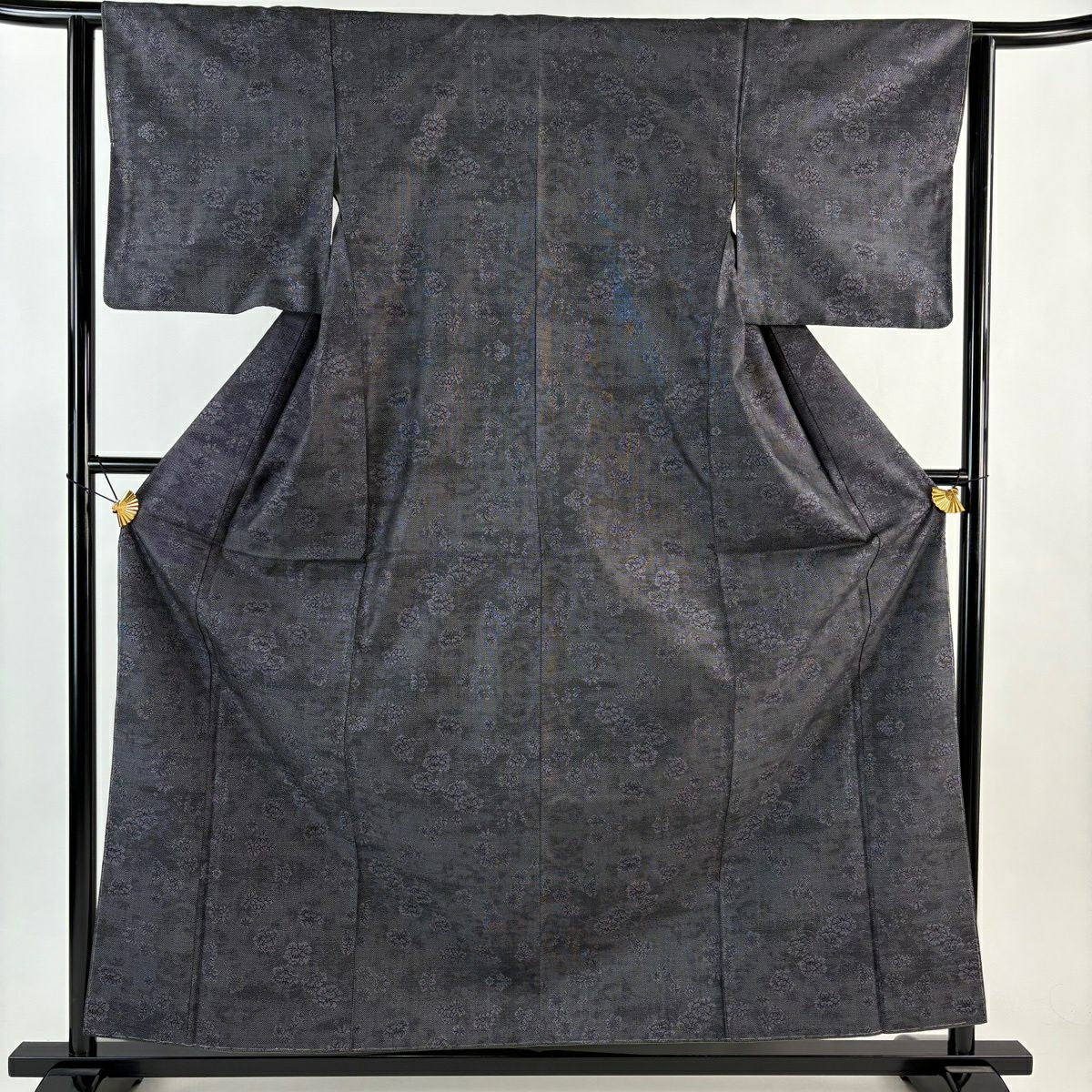 【美品】 大島紬織 身長159.5cm 袖長63cm S 雙層 證書附帶 草花紋紋 墨色 純蠶絲 優品級