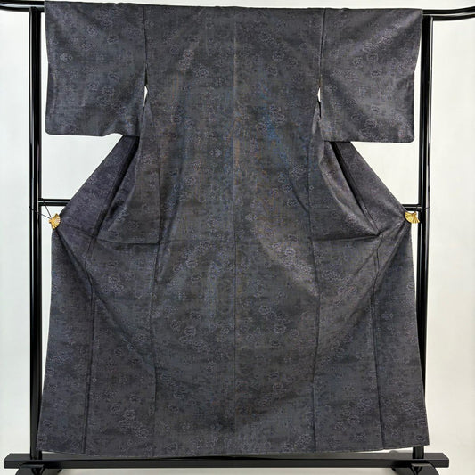 【美品】 大島紬織 身長159.5cm 袖長63cm S 雙層 證書附帶 草花紋紋 墨色 純蠶絲 優品級