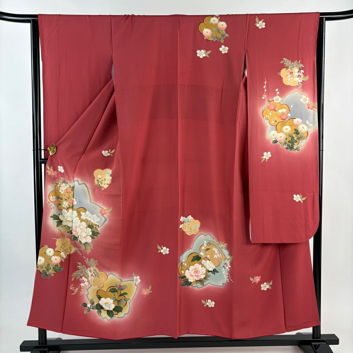 振袖禮服 身長155cm 袖長64cm M 雙層 牡丹 櫻花 金線 金銀彩 茜 純蠶絲 秀品級