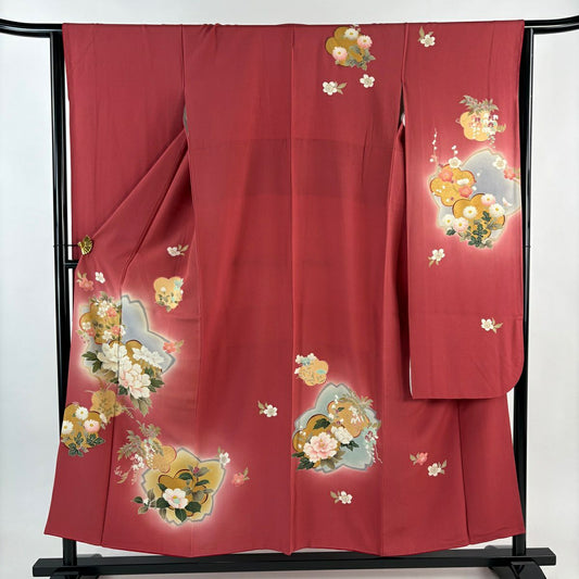 振袖禮服 身長155cm 袖長64cm M 雙層 牡丹 櫻花 金線 金銀彩 茜 純蠶絲 秀品級