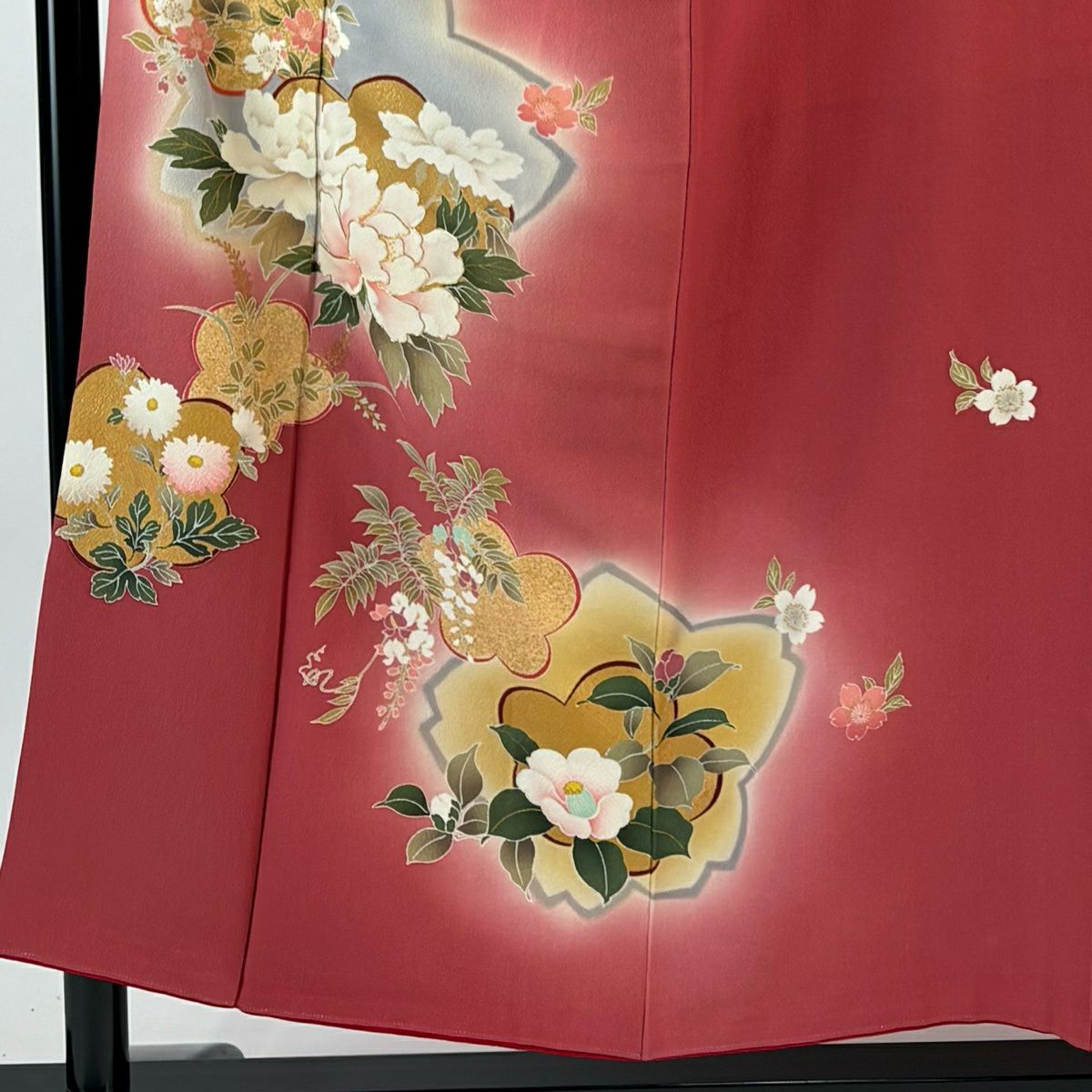 振袖禮服 身長155cm 袖長64cm M 雙層 牡丹 櫻花 金線 金銀彩 茜 純蠶絲 秀品級