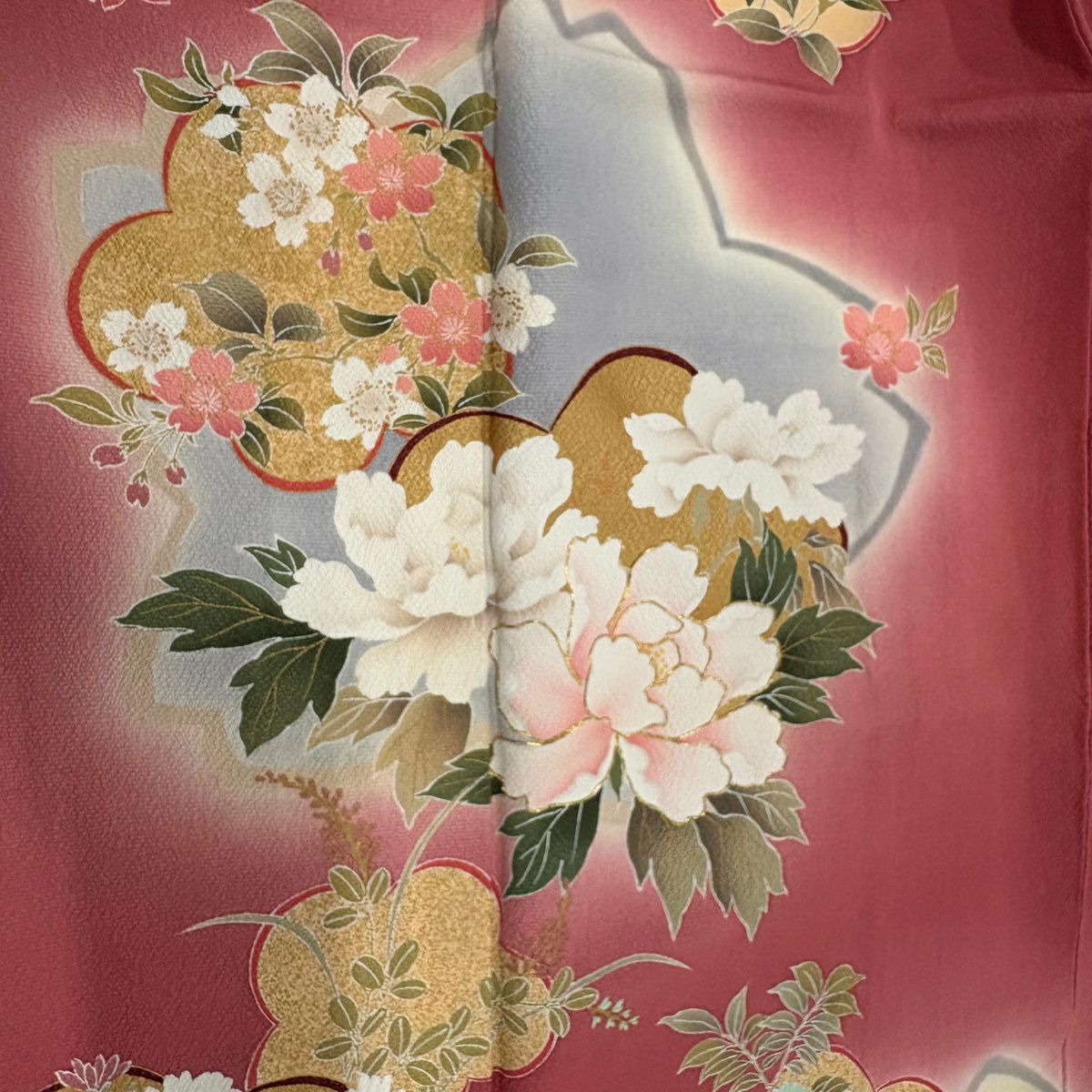 振袖禮服 身長155cm 袖長64cm M 雙層 牡丹 櫻花 金線 金銀彩 茜 純蠶絲 秀品級