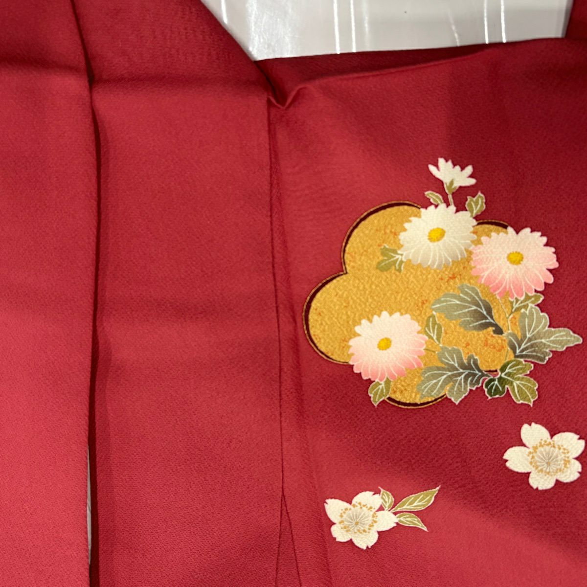 振袖禮服 身長155cm 袖長64cm M 雙層 牡丹 櫻花 金線 金銀彩 茜 純蠶絲 秀品級