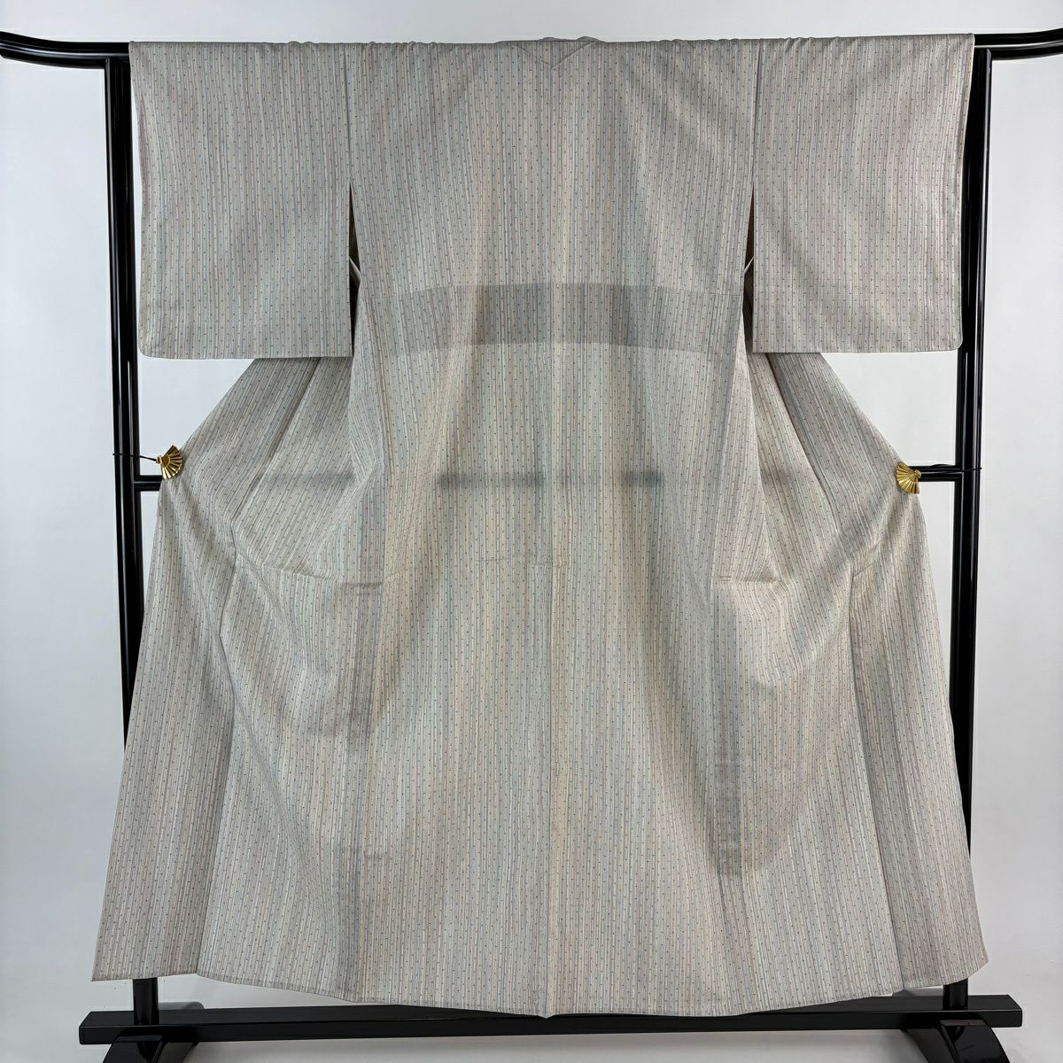【美品】 紬織 身長155cm 袖長64cm M 單層 縱條 絣 灰 純蠶絲 秀品級