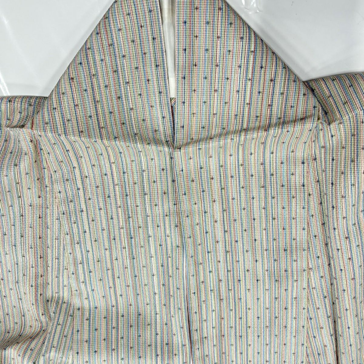 【美品】 紬織 身長155cm 袖長64cm M 單層 縱條 絣 灰 純蠶絲 秀品級