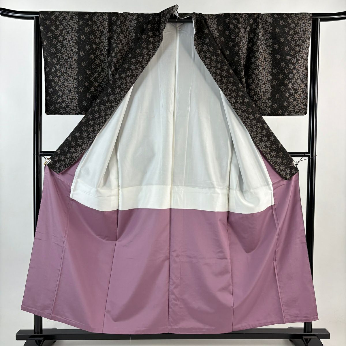 【美品】 紬織 身長156cm 袖長64.5cm M 雙層 櫻花 絣 焦茶 純蠶絲 優品級