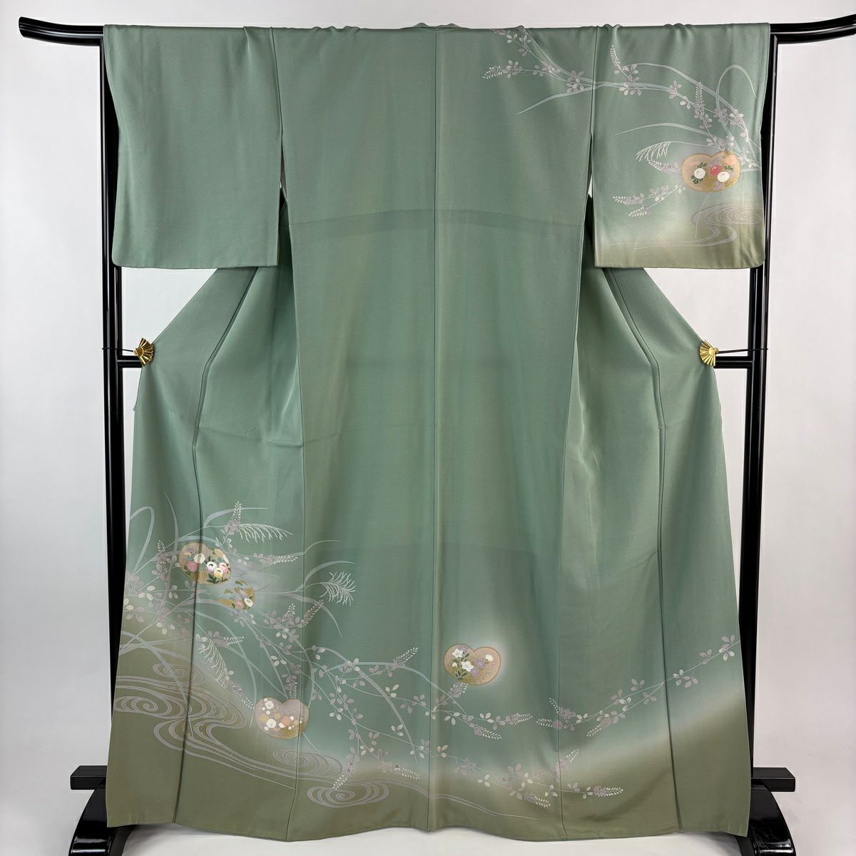 訪問服 身長167.5cm 袖長67cm M 雙層 團扇子 秋草 金絲 金銀彩 淺綠 純蠶絲 秀品級