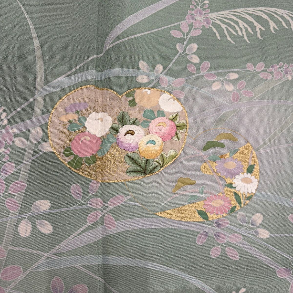 訪問服 身長167.5cm 袖長67cm M 雙層 團扇子 秋草 金絲 金銀彩 淺綠 純蠶絲 秀品級