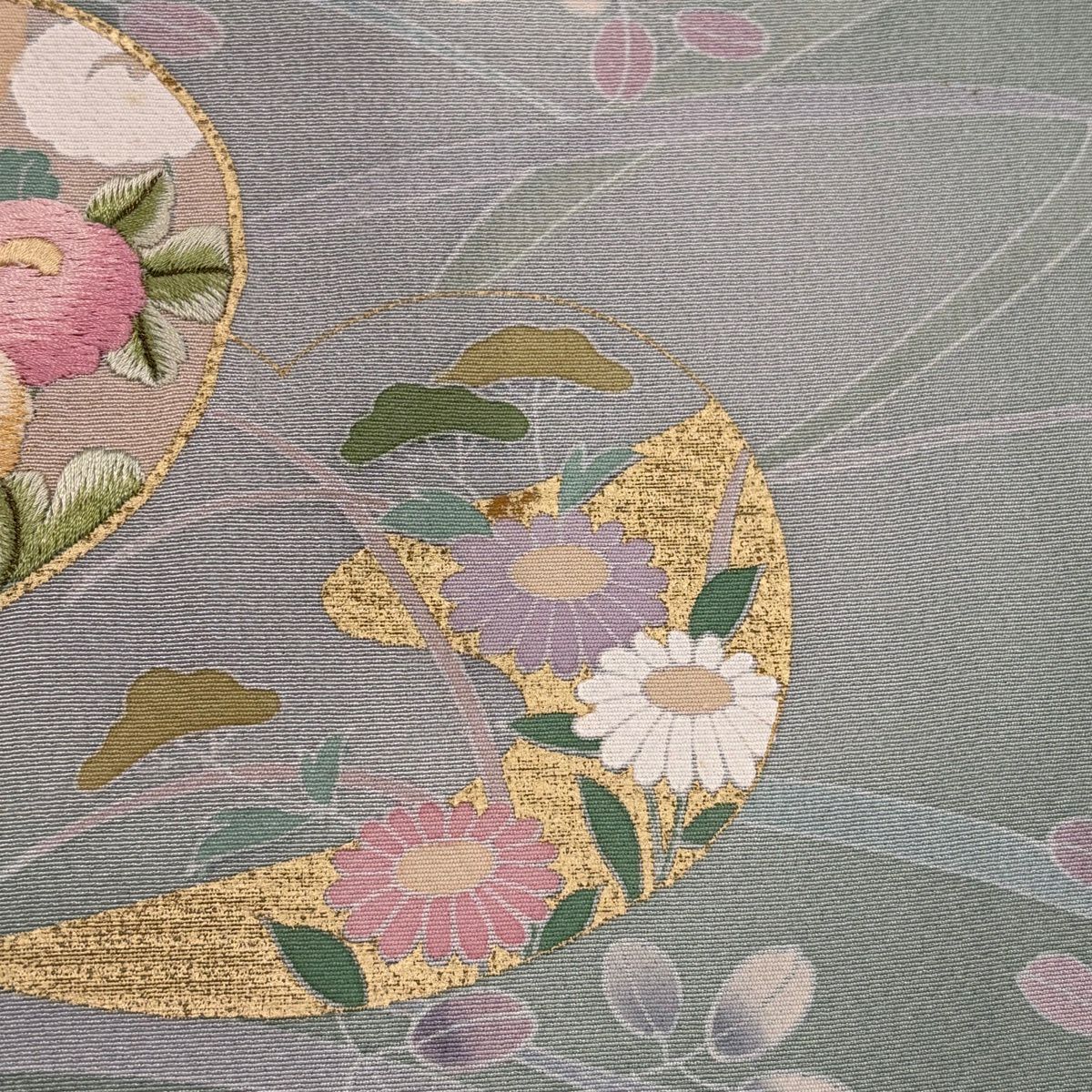 訪問服 身長167.5cm 袖長67cm M 雙層 團扇子 秋草 金絲 金銀彩 淺綠 純蠶絲 秀品級