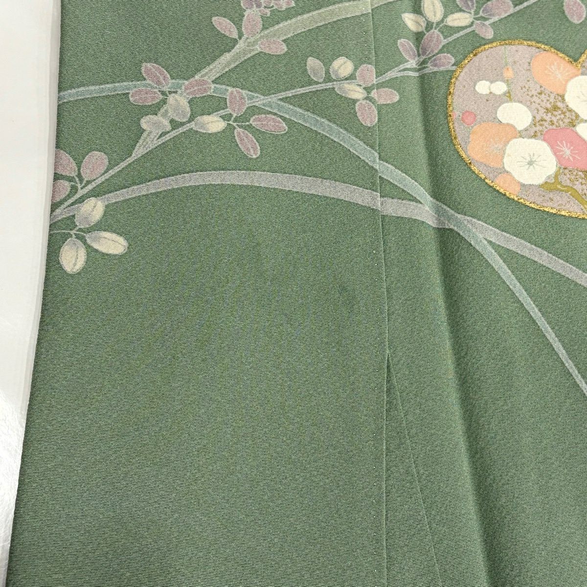 訪問服 身長167.5cm 袖長67cm M 雙層 團扇子 秋草 金絲 金銀彩 淺綠 純蠶絲 秀品級