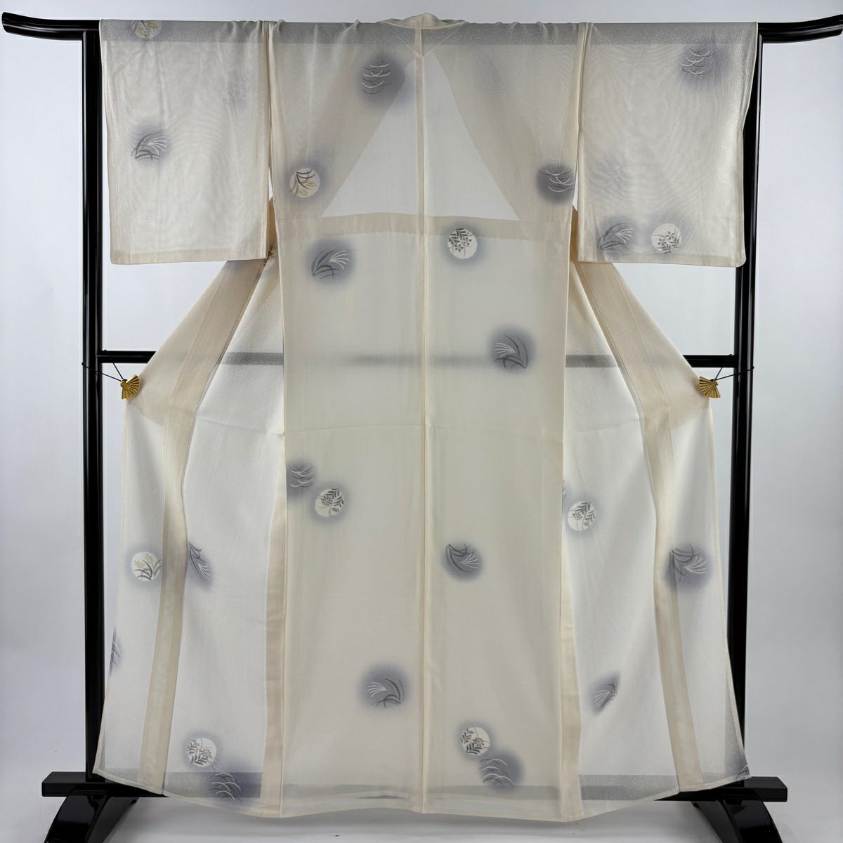 小紋 身長160cm 袖長65cm M 薄物 縱絽 秋草 芝 漸層 奶油色 純蠶絲 優品級