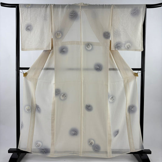 小紋 身長160cm 袖長65cm M 薄物 縱絽 秋草 芝 漸層 奶油色 純蠶絲 優品級