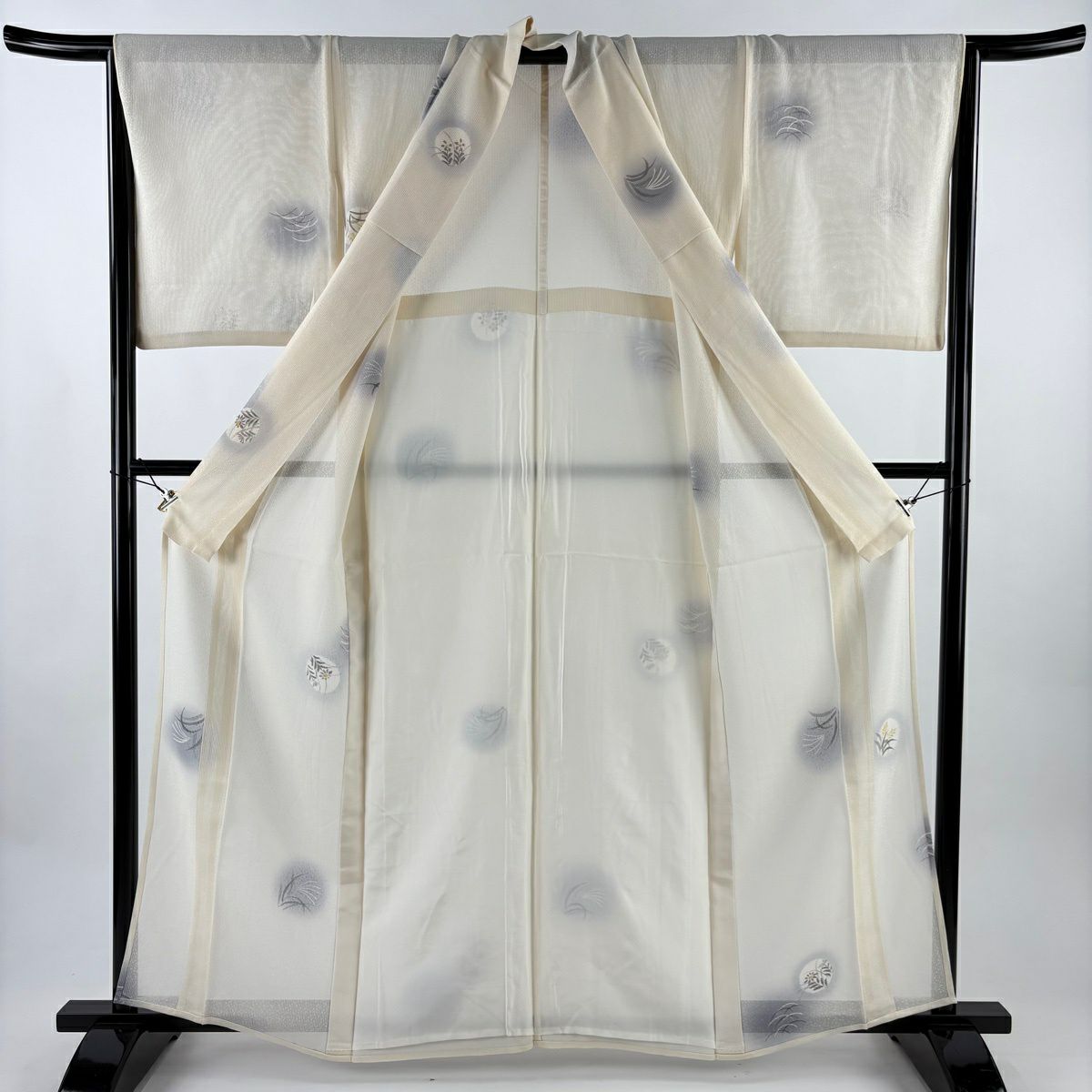 小紋 身長160cm 袖長65cm M 薄物 縱絽 秋草 芝 漸層 奶油色 純蠶絲 優品級