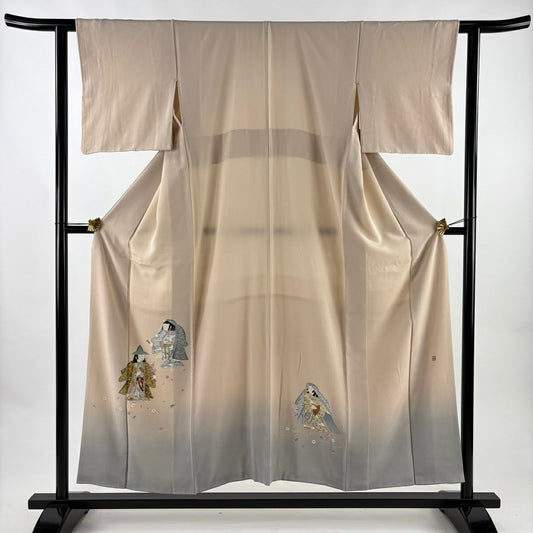 付下 身長152cm 袖長61cm S 雙層 落款有 童 松樹葉 漸層 粉米色 純蠶絲 優品級 三個紋