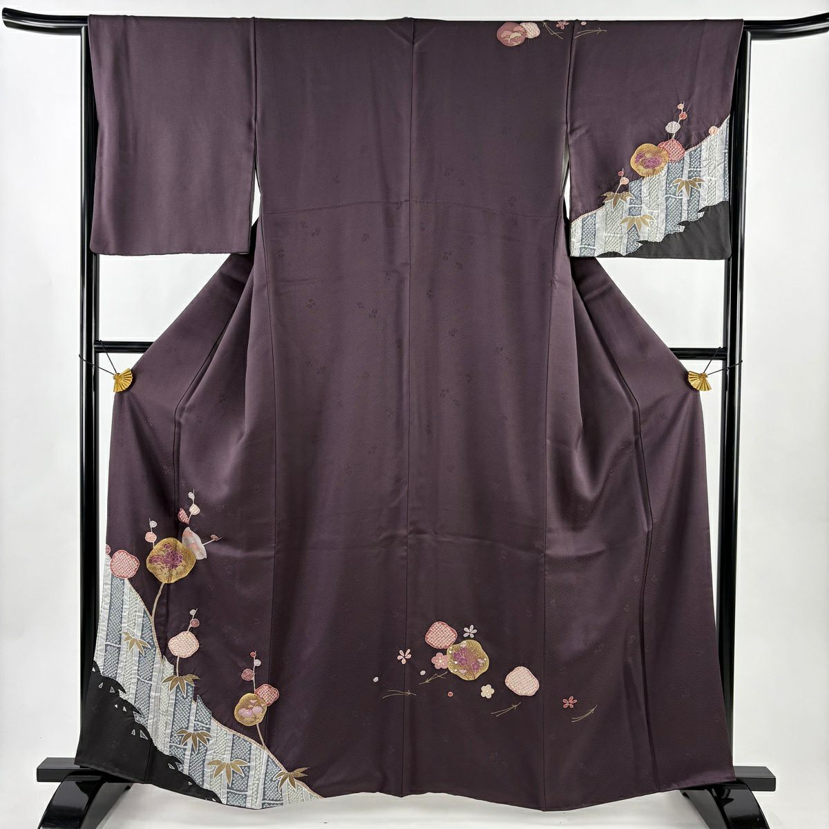 付下 身長160.5cm 袖長65cm M 雙層 松樹竹子梅花 草花紋紋 刺繡 絞染 紫 純蠶絲 秀品級