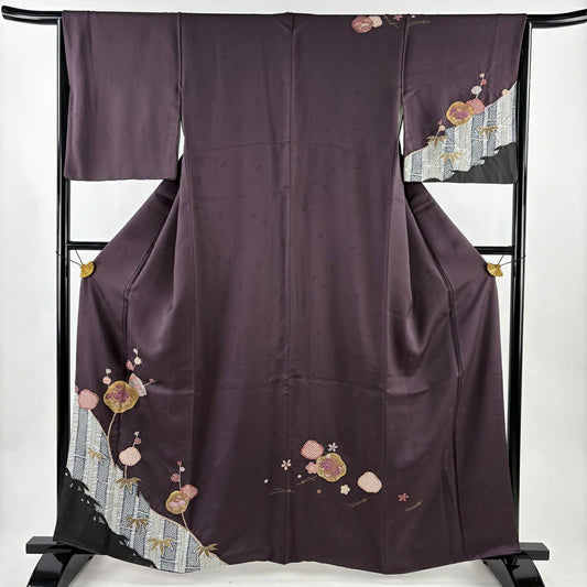 付下 身長160.5cm 袖長65cm M 雙層 松樹竹子梅花 草花紋紋 刺繡 絞染 紫 純蠶絲 秀品級
