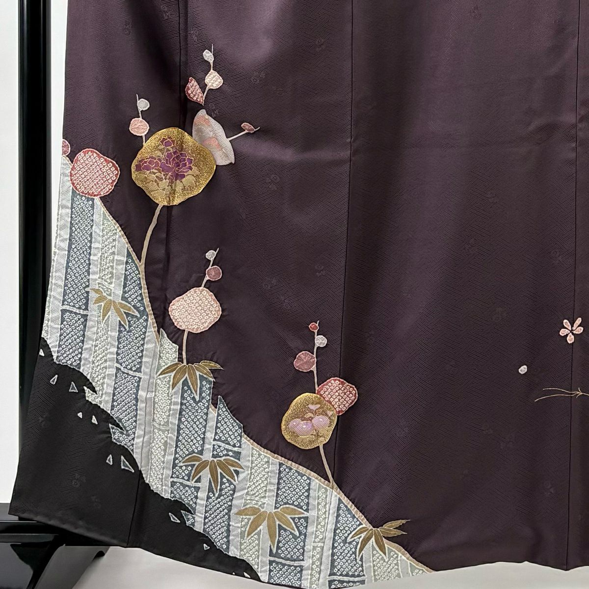 付下 身長160.5cm 袖長65cm M 雙層 松樹竹子梅花 草花紋紋 刺繡 絞染 紫 純蠶絲 秀品級